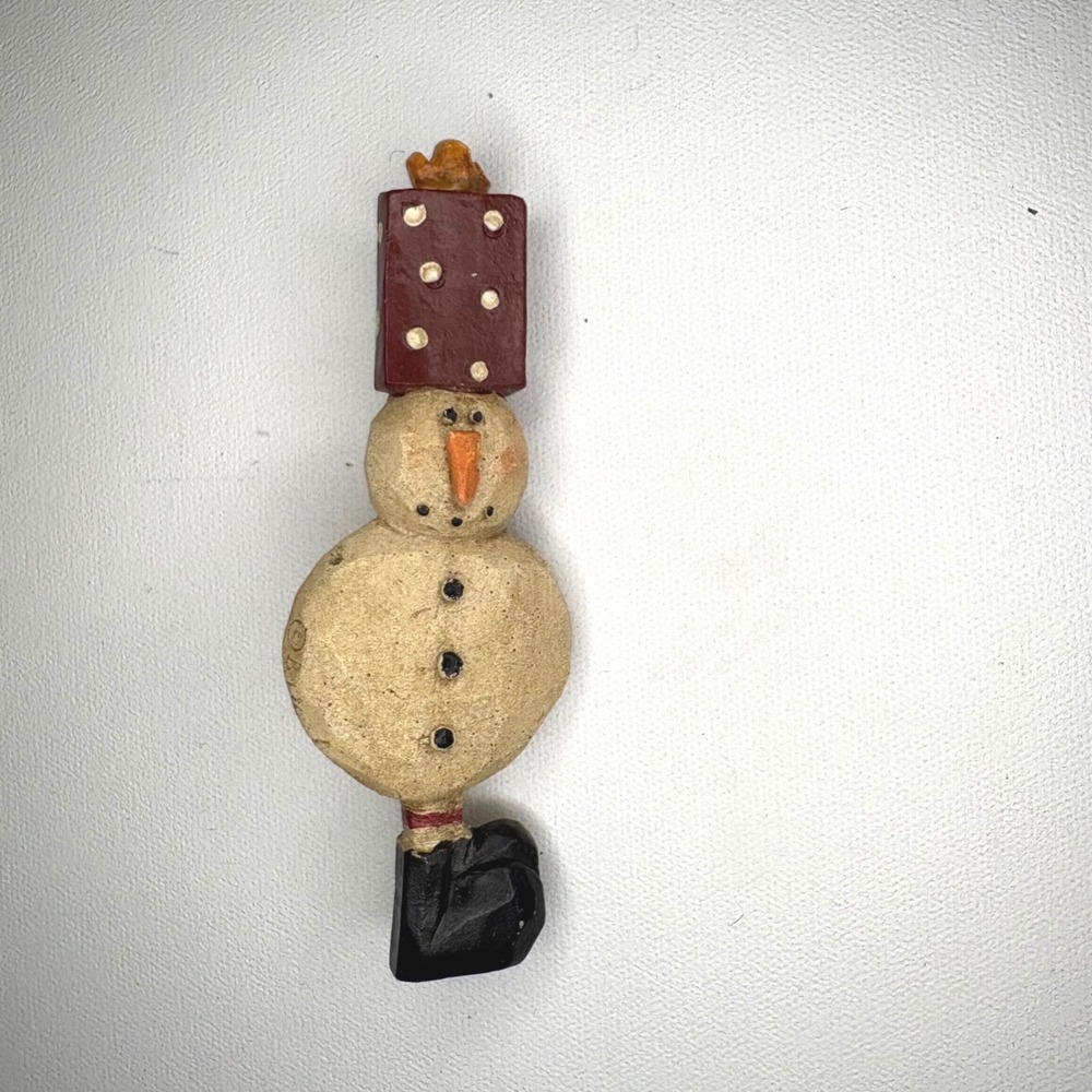 Vintage Wooden Snowman Pin Folk Art Christmas Brooch